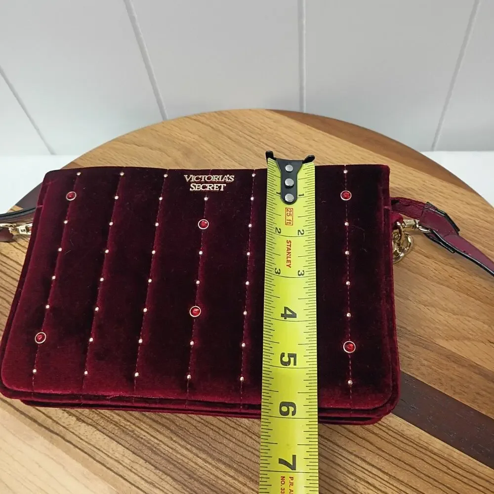 Victoria’s Secret Velvet Bond Street Shoulder Bag Cranberry Gold tone Chain Stud